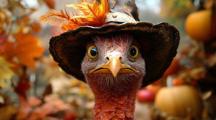 Turkey with a pilgrim hat, surrounded by festive fall colors 