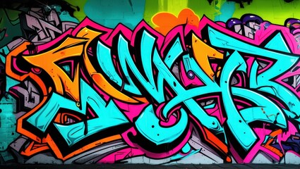 Colorful graffiti art, vibrant street mural, wildstyle lettering, neon colors, abstract urban design, spray paint texture, dynamic curves and arrows, intricate overlapping shapes, psychedelic color pa