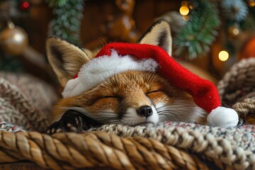 A sleepy fox wears a festive Santa hat, ready for the holiday season