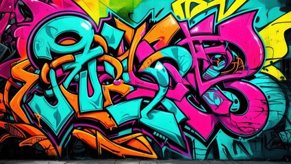 Colorful graffiti art, vibrant street mural, wildstyle lettering, neon colors, abstract urban design, spray paint texture, dynamic curves and arrows, intricate overlapping shapes, psychedelic color pa