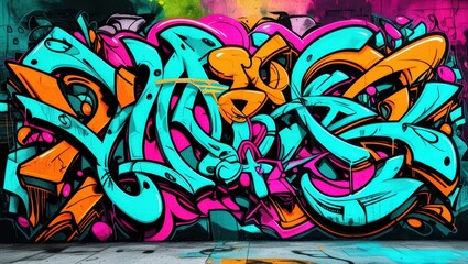 Obraz premium Colorful graffiti art, vibrant street mural, wildstyle lettering, neon colors, abstract urban design, spray paint texture, dynamic curves and arrows, intricate overlapping shapes, psychedelic color pa