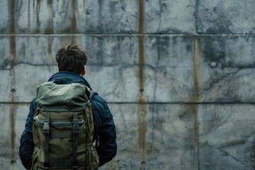 A person holding a backpack stands in front of a wall, possibly preparing for an outdoor adventure or expedition