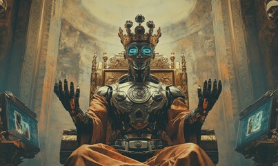 Fototapeta premium Robot king on throne in ornate room.