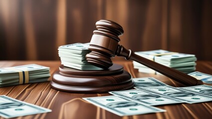 Wooden gavel, stack of dollar bills, legal documents, dramatic lighting, courtroom setting, financial justice concept, corruption theme, law and money, high contrast, shallow depth of field, detailed 