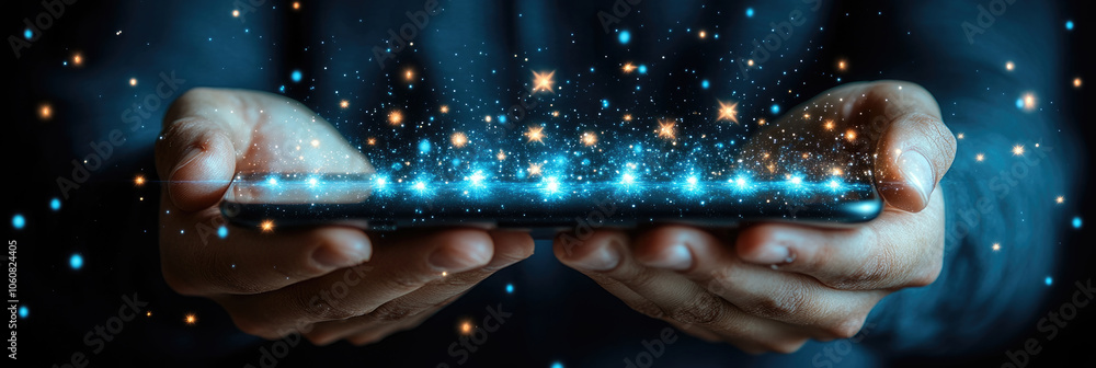 Poster a person holds a smartphone that emits vibrant glowing effects, creating a captivating visual experi