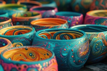 Close-up view of a variety of colorful bowls arranged together