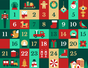 Advent calendar vector illustration. Printable advent calendar or Christmas poster