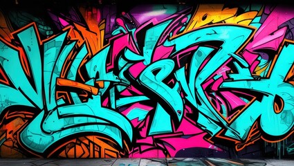 Naklejka premium Colorful graffiti art, vibrant street mural, wildstyle lettering, neon colors, abstract urban design, spray paint texture, dynamic curves and arrows, intricate overlapping shapes, psychedelic color pa