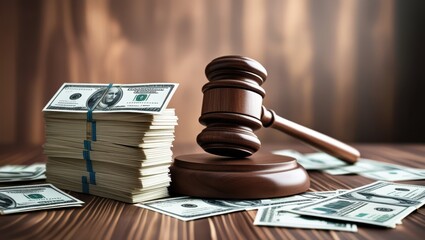 Wooden gavel, stack of dollar bills, legal documents, dramatic lighting, courtroom setting, financial justice concept, corruption theme, law and money, high contrast, shallow depth of field, detailed 