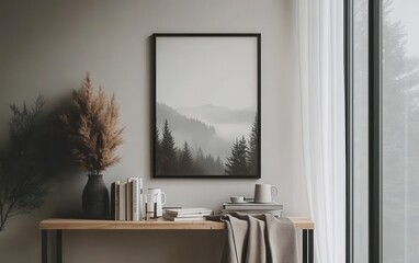 Cozy home interior in Scandinavian style, showcasing a black-framed poster on the wall with earthy natural elements like mountains or trees. 