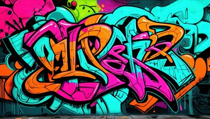 Colorful graffiti art, vibrant street mural, wildstyle lettering, neon colors, abstract urban design, spray paint texture, dynamic curves and arrows, intricate overlapping shapes, psychedelic color pa