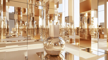 A gold sphere sits in a room filled with mirrors and reflective surfaces