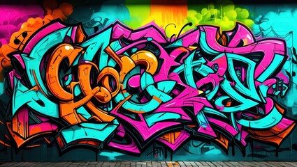 Obraz premium Colorful graffiti art, vibrant street mural, wildstyle lettering, neon colors, abstract urban design, spray paint texture, dynamic curves and arrows, intricate overlapping shapes, psychedelic color pa