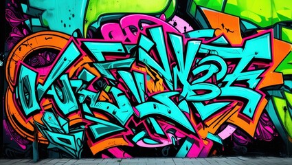 Fototapeta premium Colorful graffiti art, vibrant street mural, wildstyle lettering, neon colors, abstract urban design, spray paint texture, dynamic curves and arrows, intricate overlapping shapes, psychedelic color pa
