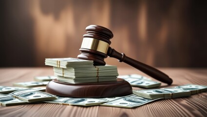 Wooden gavel, stack of dollar bills, legal documents, dramatic lighting, courtroom setting, financial justice concept, corruption theme, law and money, high contrast, shallow depth of field, detailed 