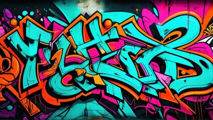 Obraz premium Colorful graffiti art, vibrant street mural, wildstyle lettering, neon colors, abstract urban design, spray paint texture, dynamic curves and arrows, intricate overlapping shapes, psychedelic color pa
