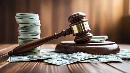 Wooden gavel, stack of dollar bills, legal documents, dramatic lighting, courtroom setting, financial justice concept, corruption theme, law and money, high contrast, shallow depth of field, detailed 