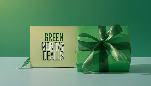 Eco-friendly gift wrapping with a sustainable holiday-themed "Green Monday Deal" symbol.