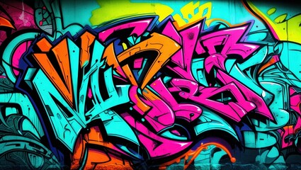 Obraz premium Colorful graffiti art, vibrant street mural, wildstyle lettering, neon colors, abstract urban design, spray paint texture, dynamic curves and arrows, intricate overlapping shapes, psychedelic color pa