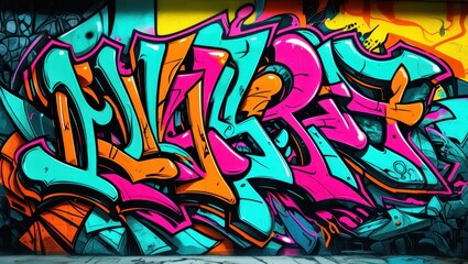 Colorful graffiti art, vibrant street mural, wildstyle lettering, neon colors, abstract urban design, spray paint texture, dynamic curves and arrows, intricate overlapping shapes, psychedelic color pa