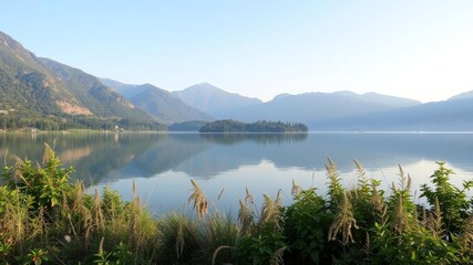 Obraz premium Lush green mountains reflecting in a crystal clear lake under a blue sky, lake, tranquil