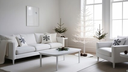 Fototapeta premium A cozy Scandinavian living room with white decor, a minimalist Christmas tree, snowflake pillows, and warm natural light from large windows, accented by evergreen branches and pinecones.