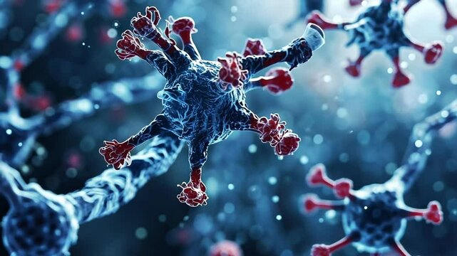 Virus particles are depicted interacting with host cell structures at the microscopic level, showcasing their intricate features and potential impact on health