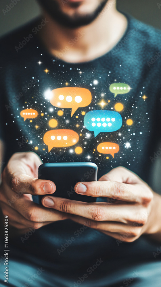Poster Man holds a smartphone with chat message bubbles emanating from the screen