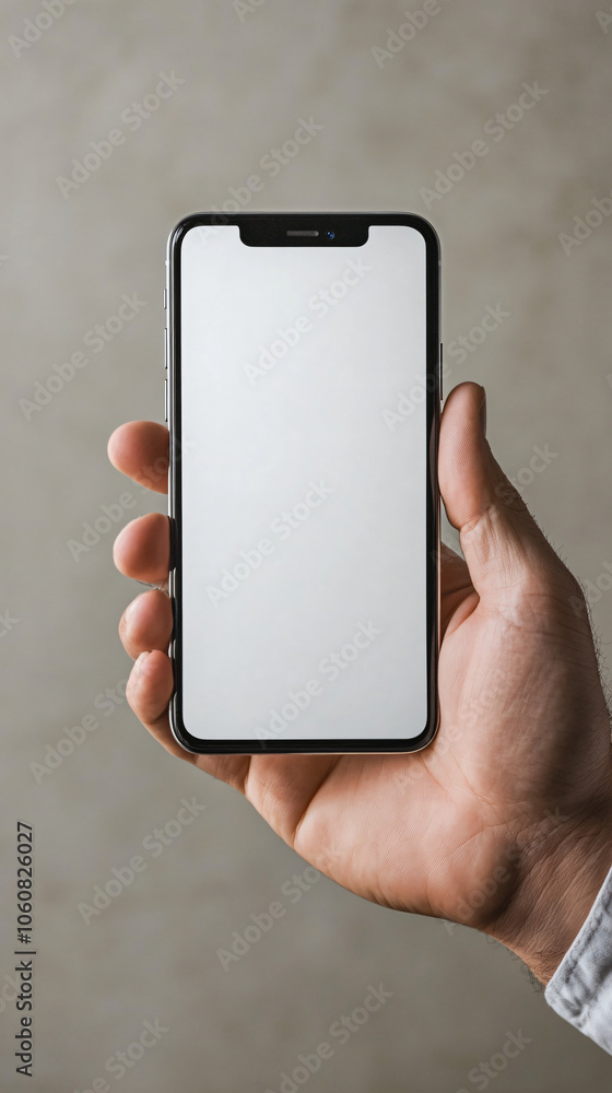 Poster businessman displaying a blank-screen smartphone against a neutral backdrop