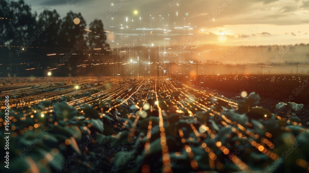 Poster illuminated crops growing in a field are enhanced by technological advancements, creating a futurist