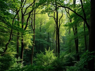 Lush green forest with tall trees and a carpet of vibrant ferns, outdoors, tranquil