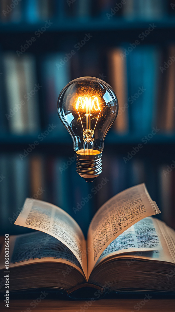 Poster the glow of a light bulb over an open book in a library symbolizes the impact of knowledge and ideas