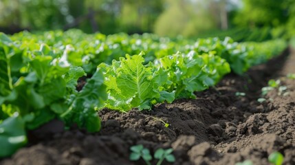 Rows of freshly grown lettuce plants in a garden bed, with rich brown soil and lush green foliage. The rows of lettuce plants offer a glimpse of fresh, healthy produce.