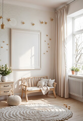 Mock up poster frame in Scandinavian kids' room with cozy reading nook template