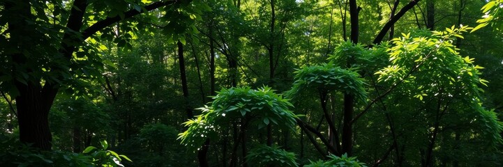 Lush green forest with sunlight filtering through the trees, background, landscape