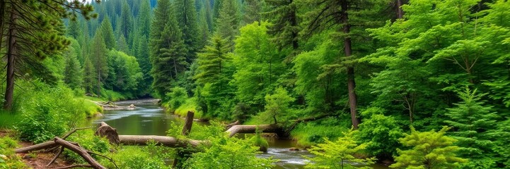 Lush green forest with a peaceful stream flowing through, creating a serene nature wallpaper, nature, scenery