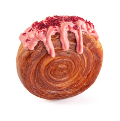 Crème-filled circular croissant (super summer berries) with pink raspberry glaze. Round French or New-York Roll croissant isolated on white background