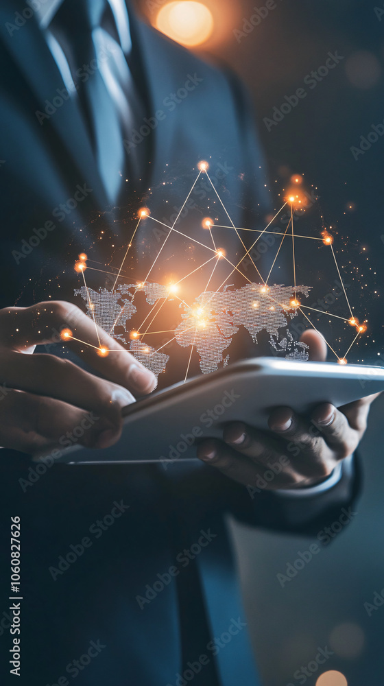 Poster Businessman with a tablet displaying a world map and network connection, symbolizing global business and technology