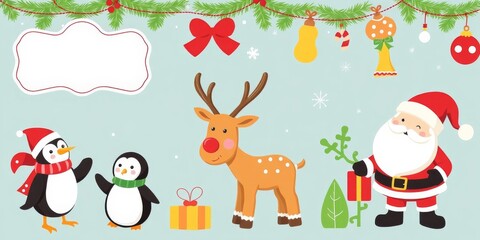 Fototapeta premium Illustration of Santa Claus, elf, reindeer, snowman, penguin, gingerbread set for Christmas, elf, illustration