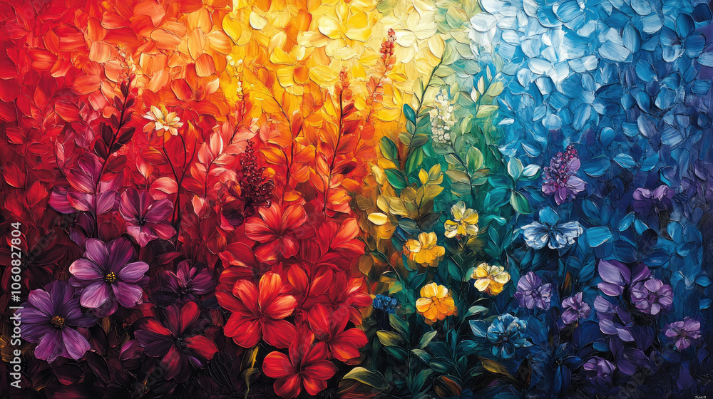 Poster a beautiful array of colorful flowers fills the canvas, transitioning from red to blue, capturing th