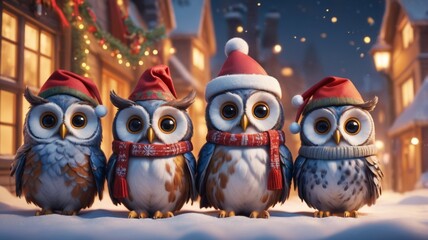 Cute illustrated Owls dressed for Christmas