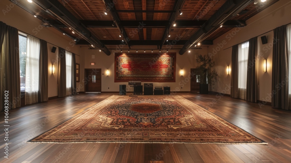 Poster spacious room is illuminated by warm light, highlighting the intricate patterns of the persian rugs 