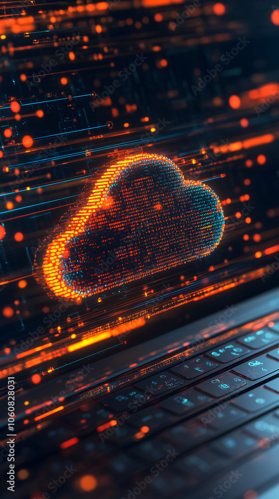 Aufkleber Laptop computer keyboard with glowing cloud symbol representing cloud computing technology
