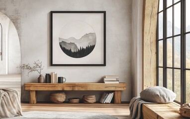 Minimalist Scandinavian home interior with a black-framed poster on the wall, featuring a circle design of mountains or trees in earthy tones.