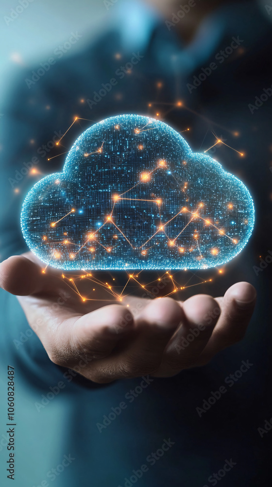Poster businessman showcasing digital cloud computing with data sharing concept and network connection in h