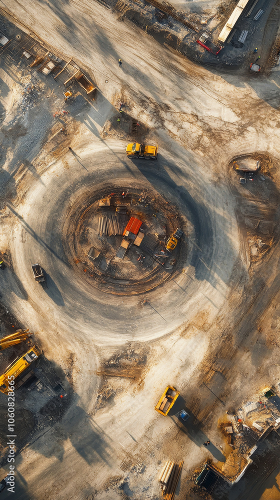 Poster aerial view of construction site featuring circular layout with trucks and machinery. scene captures
