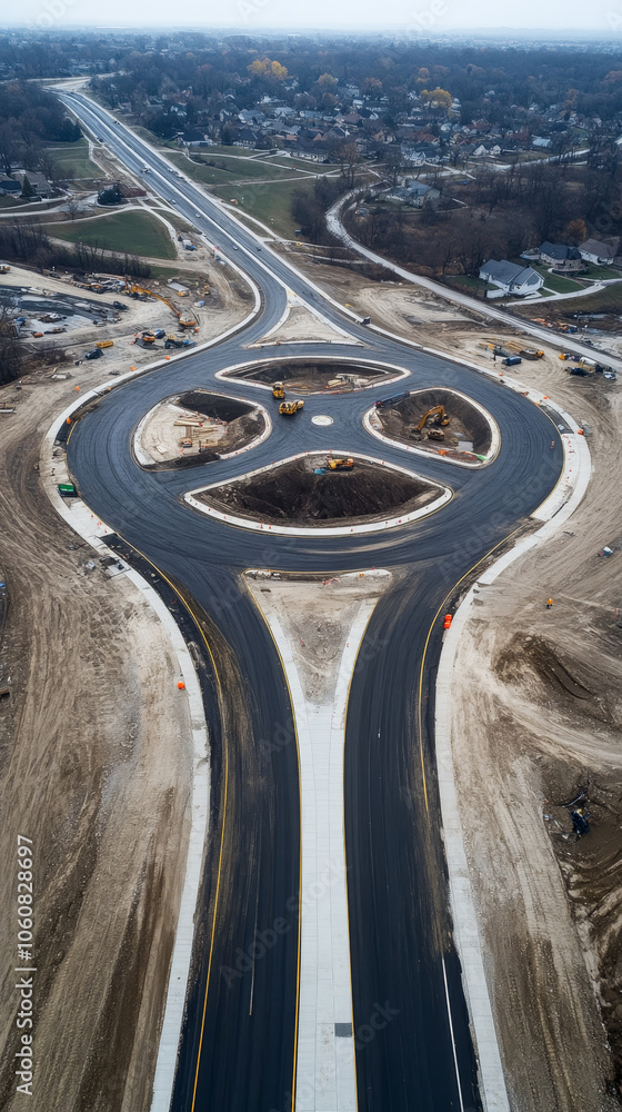 Poster aerial view of highway intersection featuring roundabout, showcasing construction and surrounding la