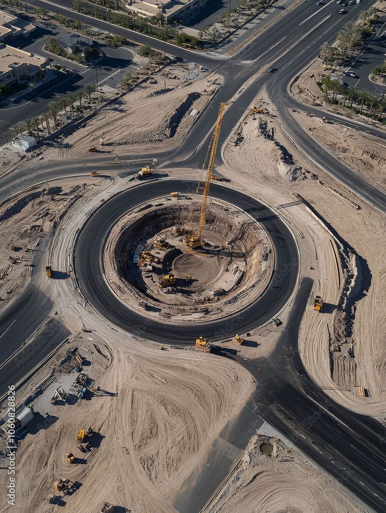 Poster aerial view of highway intersection under construction, featuring circular design with heavy machine
