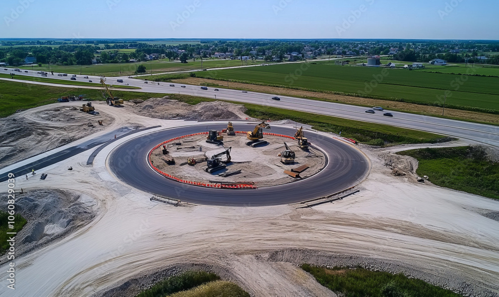 Poster aerial view of highway intersection featuring roundabout under construction, surrounded by machinery