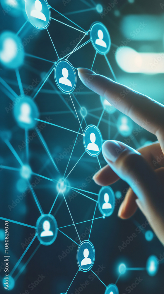 Poster Confident businesswoman pointing at user icon on global network, emphasizing communication and innovation in digital age. Blue symbol represents interconnectedness in online world